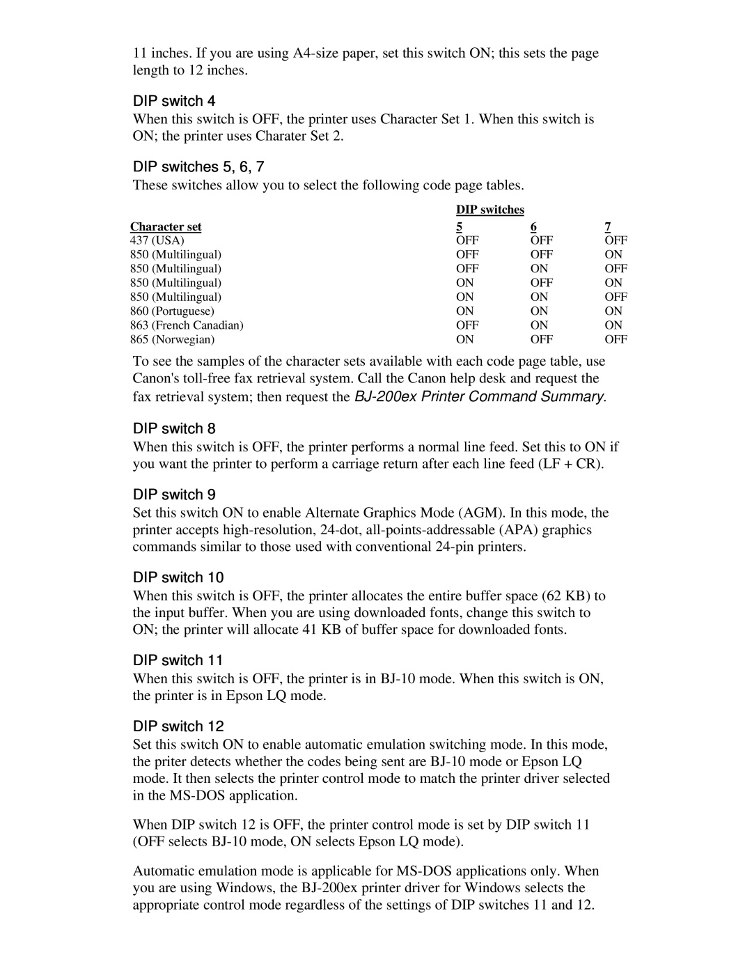 Canon BJ-200ex manual DIP switches 5, 6, DIP switches Character set 