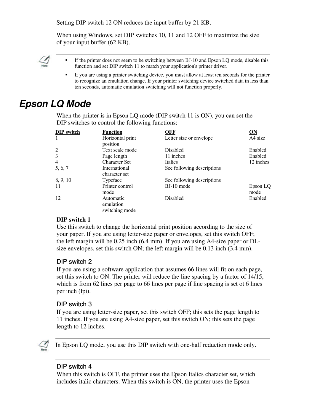 Canon BJ-200ex manual Epson LQ Mode, DIP switch 