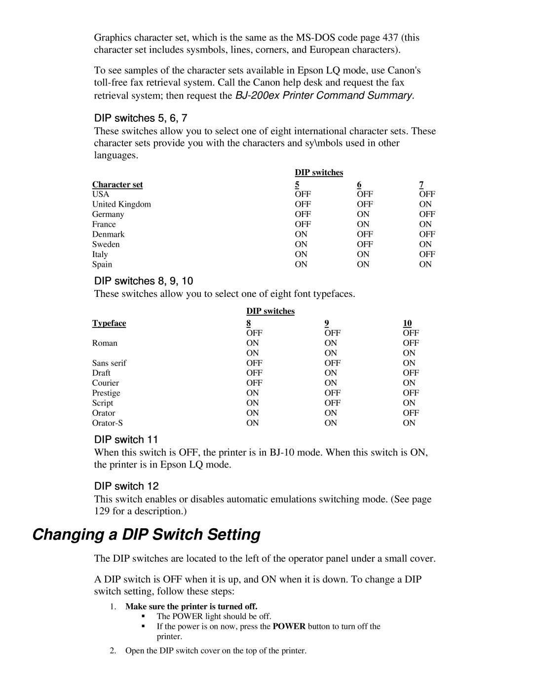 Canon BJ-200ex manual Changing a DIP Switch Setting, DIP switches Typeface, Make sure the printer is turned off 