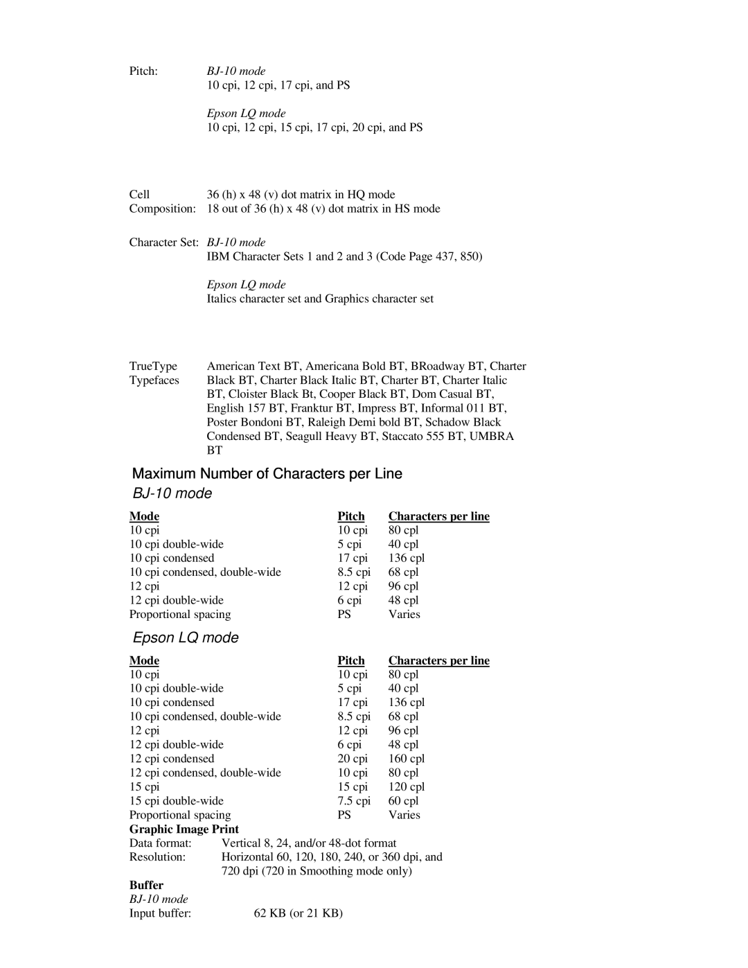 Canon BJ-200ex manual Mode Pitch Characters per line, Graphic Image Print 