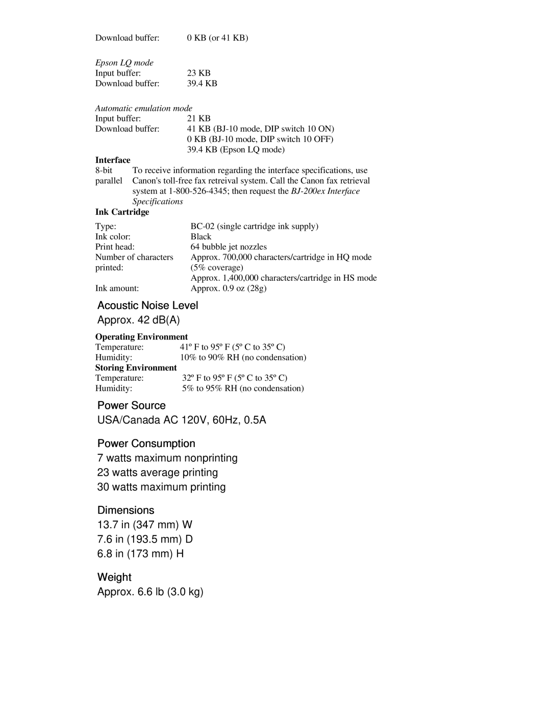 Canon BJ-200ex manual Interface, Ink Cartridge, Operating Environment, Storing Environment 