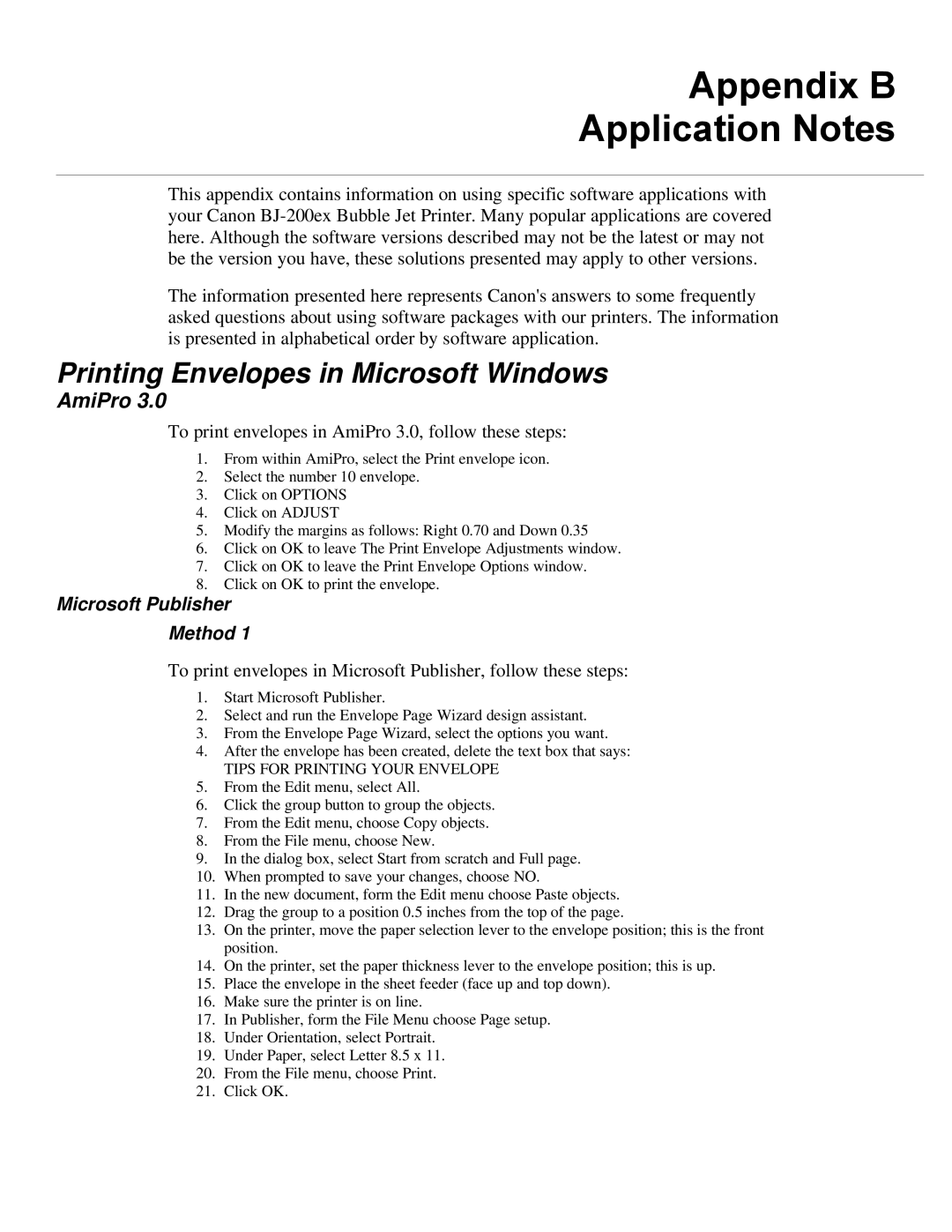 Canon BJ-200ex Appendix B Application Notes, Printing Envelopes in Microsoft Windows, AmiPro, Microsoft Publisher Method 