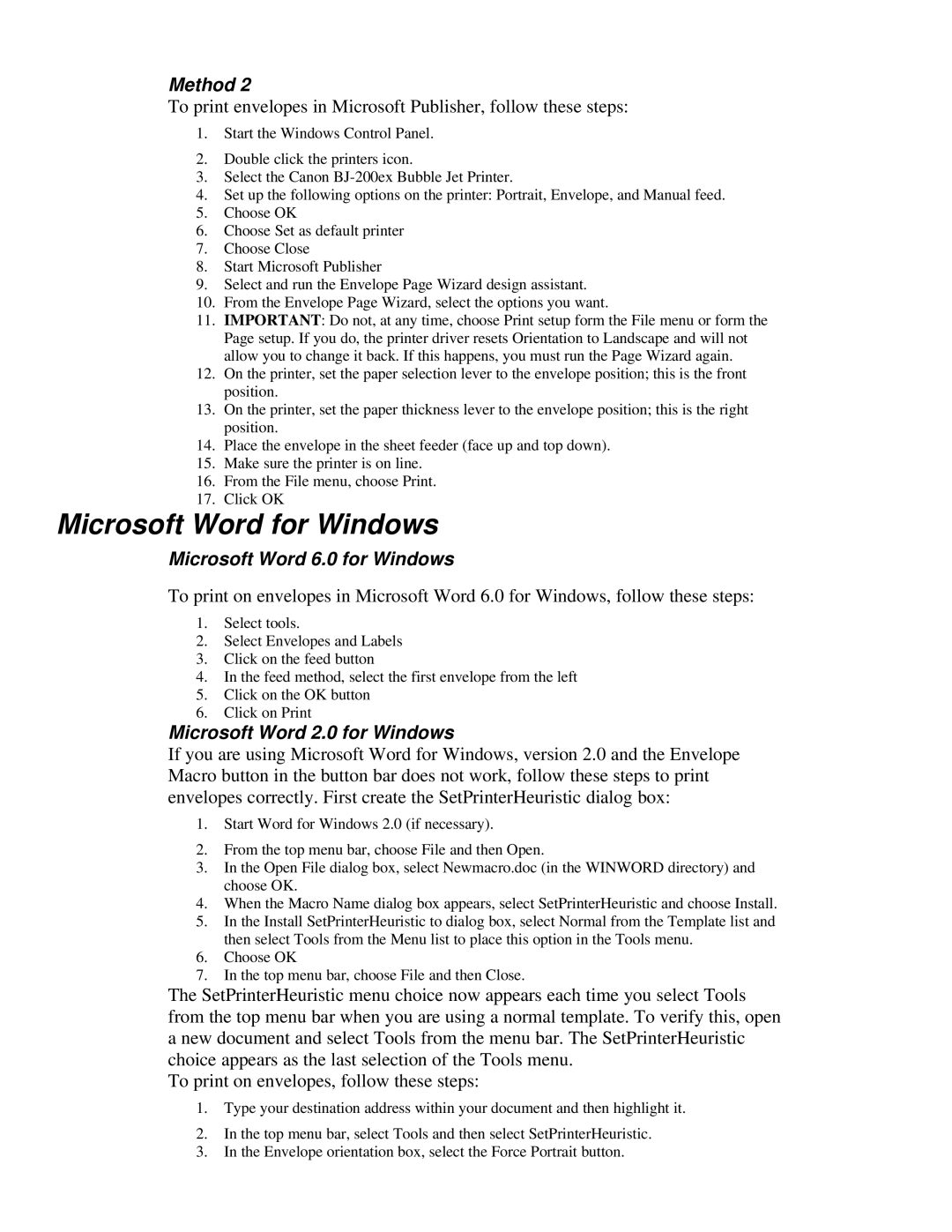 Canon BJ-200ex manual Microsoft Word for Windows, Microsoft Word 6.0 for Windows, Microsoft Word 2.0 for Windows 