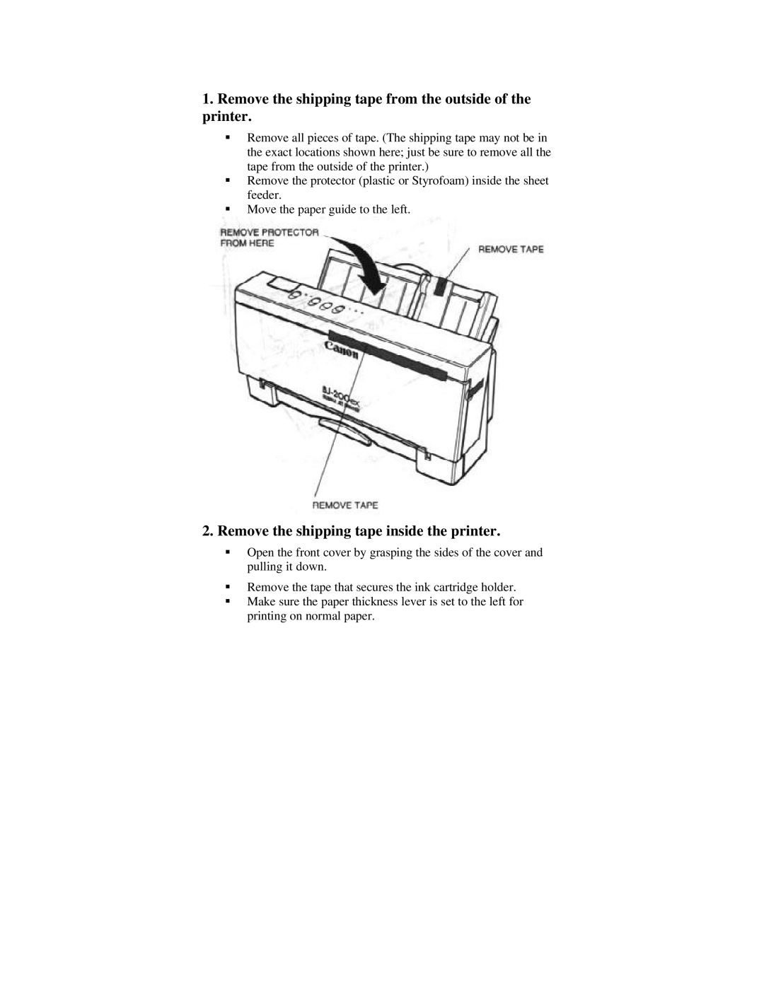 Canon BJ-200ex manual Remove the shipping tape from the outside of the printer, Remove the shipping tape inside the printer 