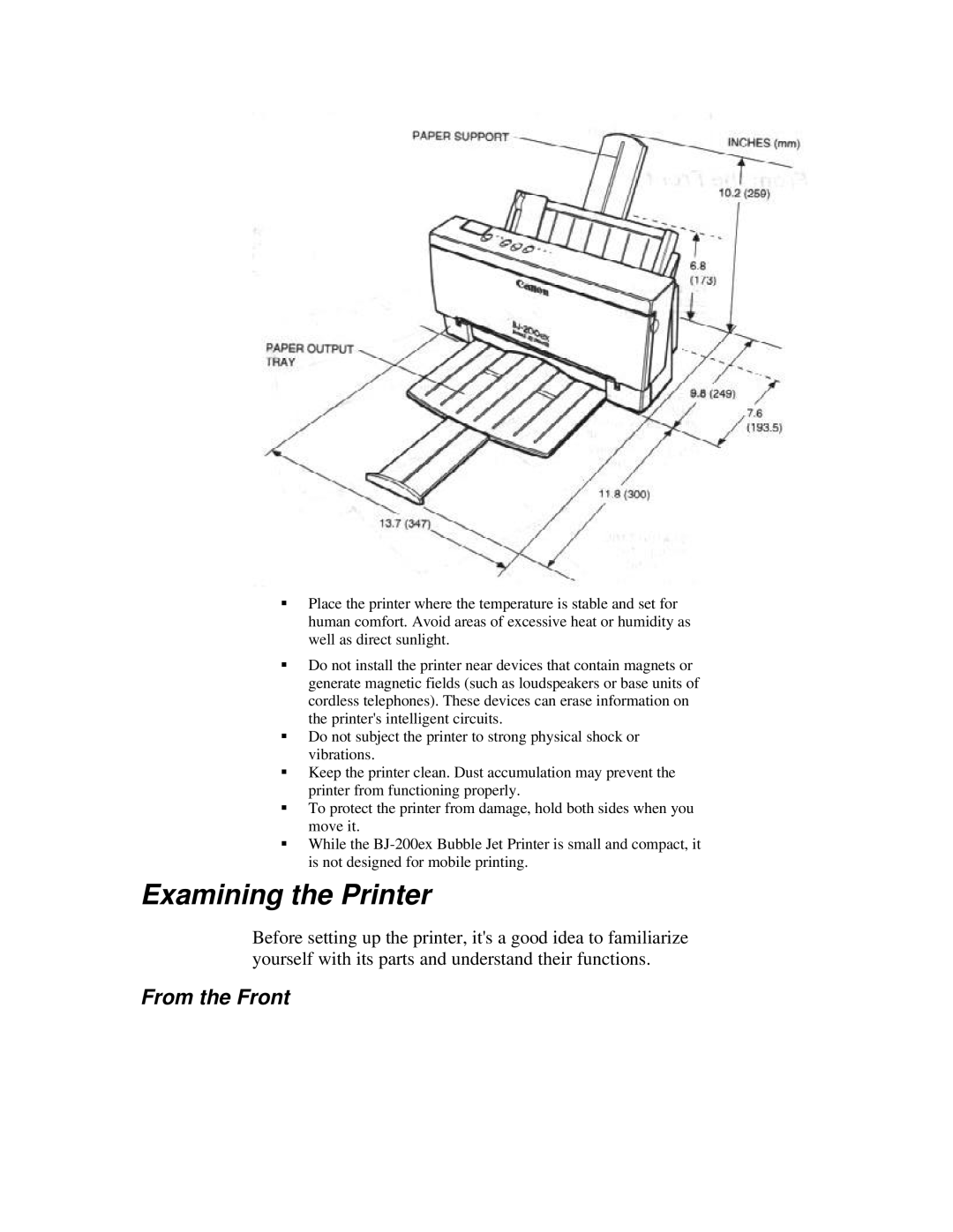 Canon BJ-200ex manual Examining the Printer, From the Front 