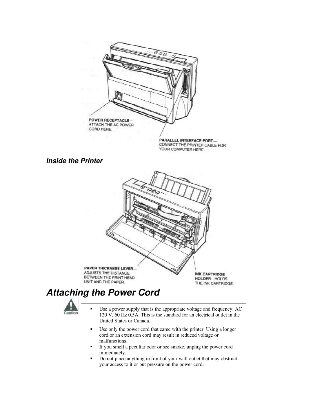 Canon BJ-200ex manual Attaching the Power Cord, Inside the Printer 