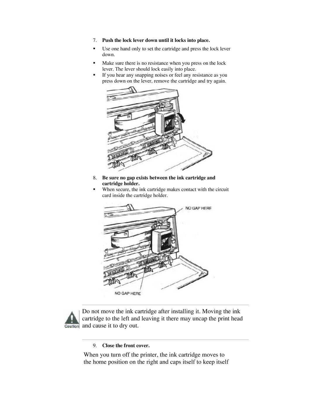 Canon BJ-200ex manual Push the lock lever down until it locks into place, Close the front cover 