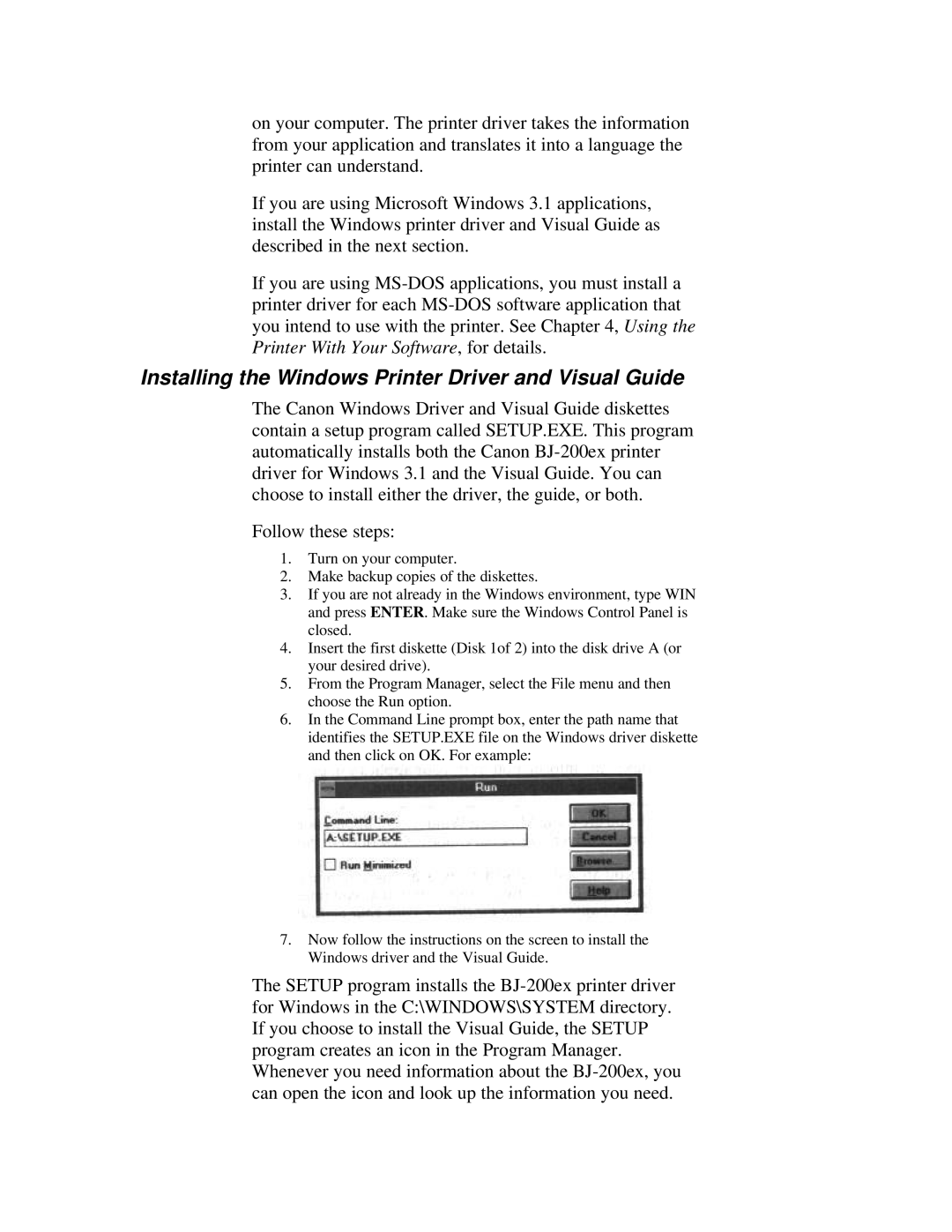 Canon BJ-200ex manual Installing the Windows Printer Driver and Visual Guide 