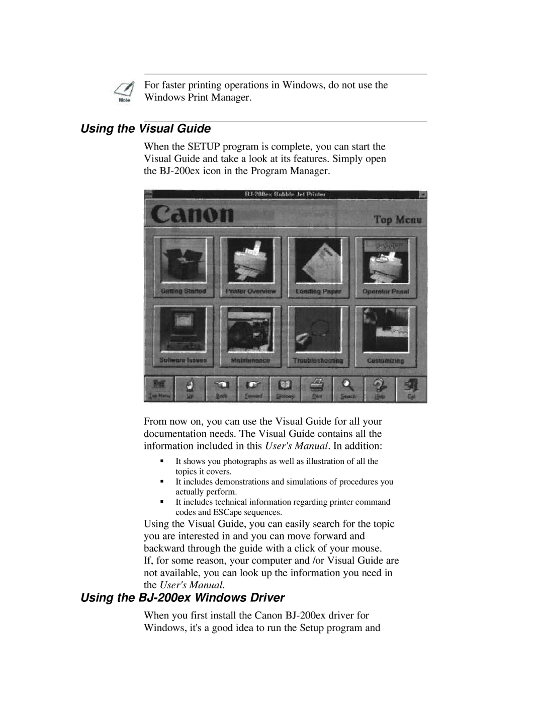 Canon manual Using the Visual Guide, Using the BJ-200ex Windows Driver 