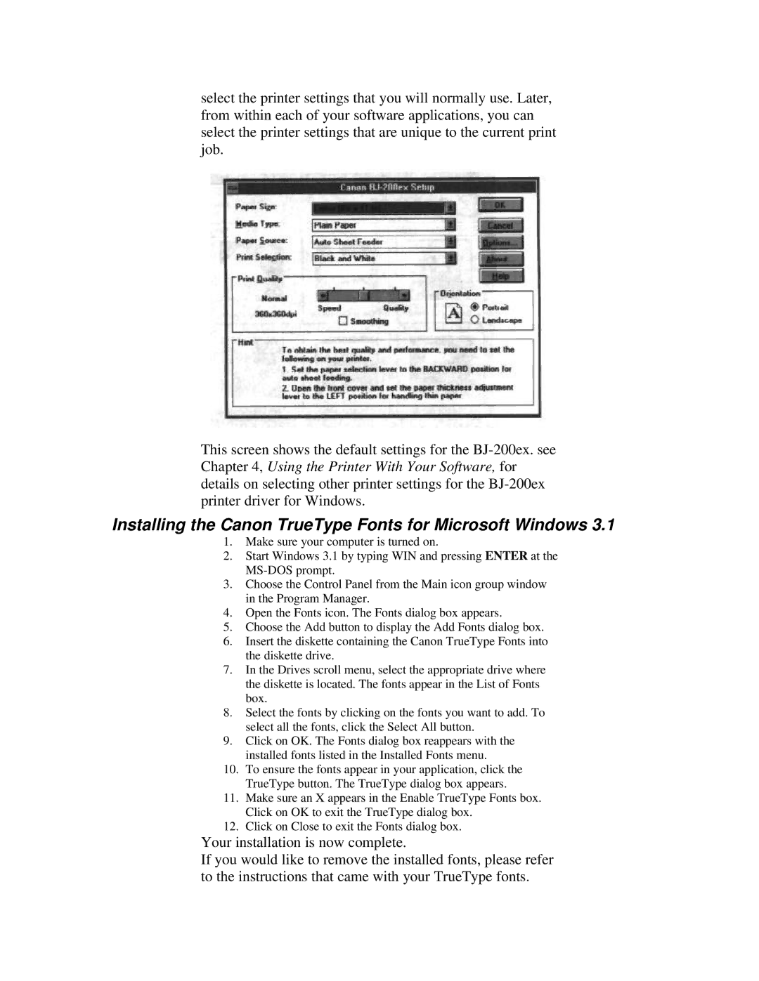 Canon BJ-200ex manual Installing the Canon TrueType Fonts for Microsoft Windows 