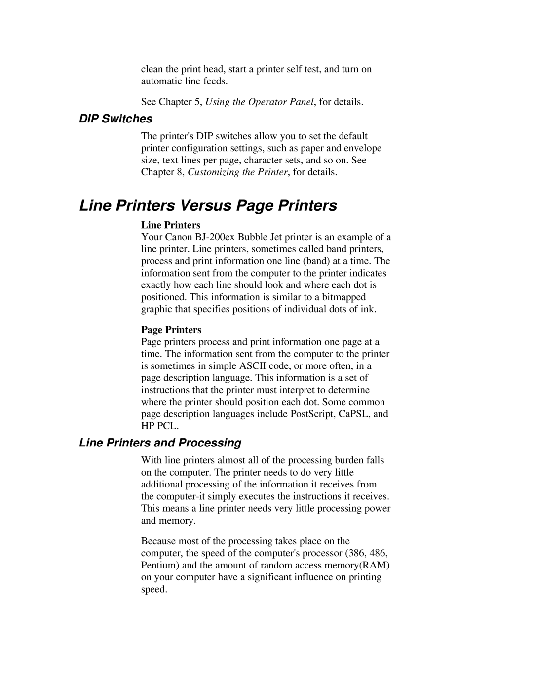 Canon BJ-200ex manual Line Printers Versus Page Printers, DIP Switches, Line Printers and Processing 