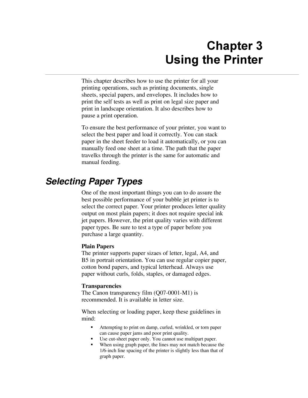 Canon BJ-200ex manual Chapter Using the Printer, Selecting Paper Types, Plain Papers, Transparencies 