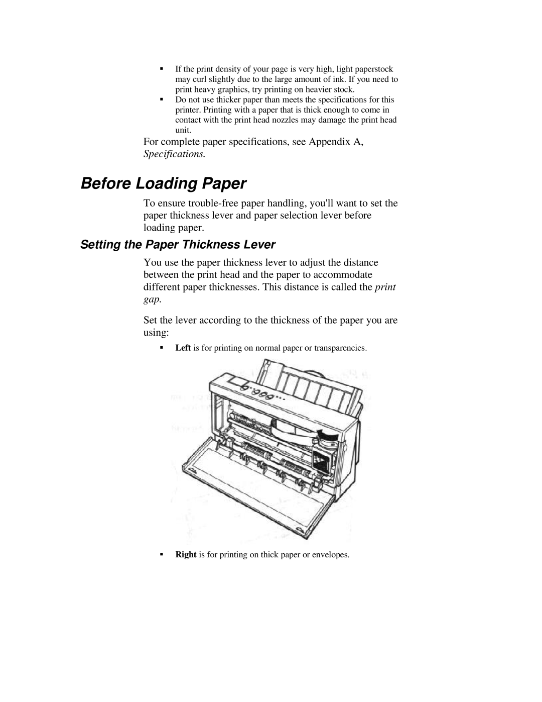 Canon BJ-200ex Before Loading Paper, Setting the Paper Thickness Lever, For complete paper specifications, see Appendix a 