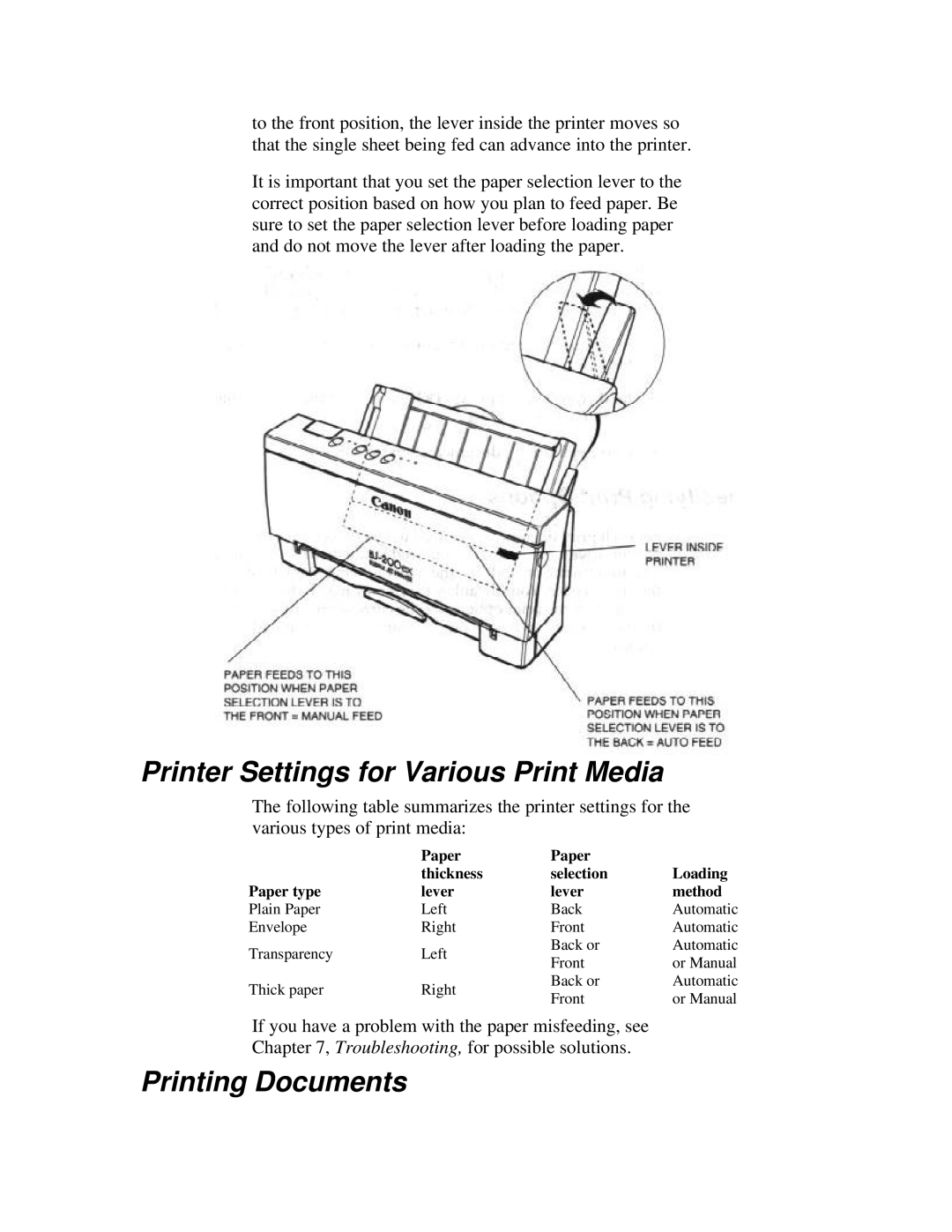 Canon BJ-200ex manual Printer Settings for Various Print Media, Printing Documents 