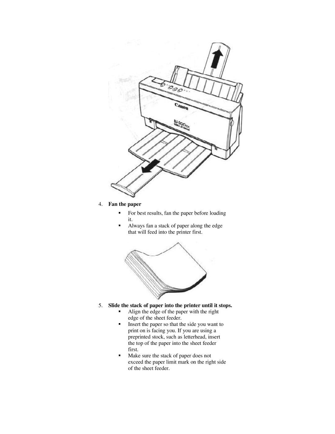 Canon BJ-200ex manual Fan the paper, Slide the stack of paper into the printer until it stops 