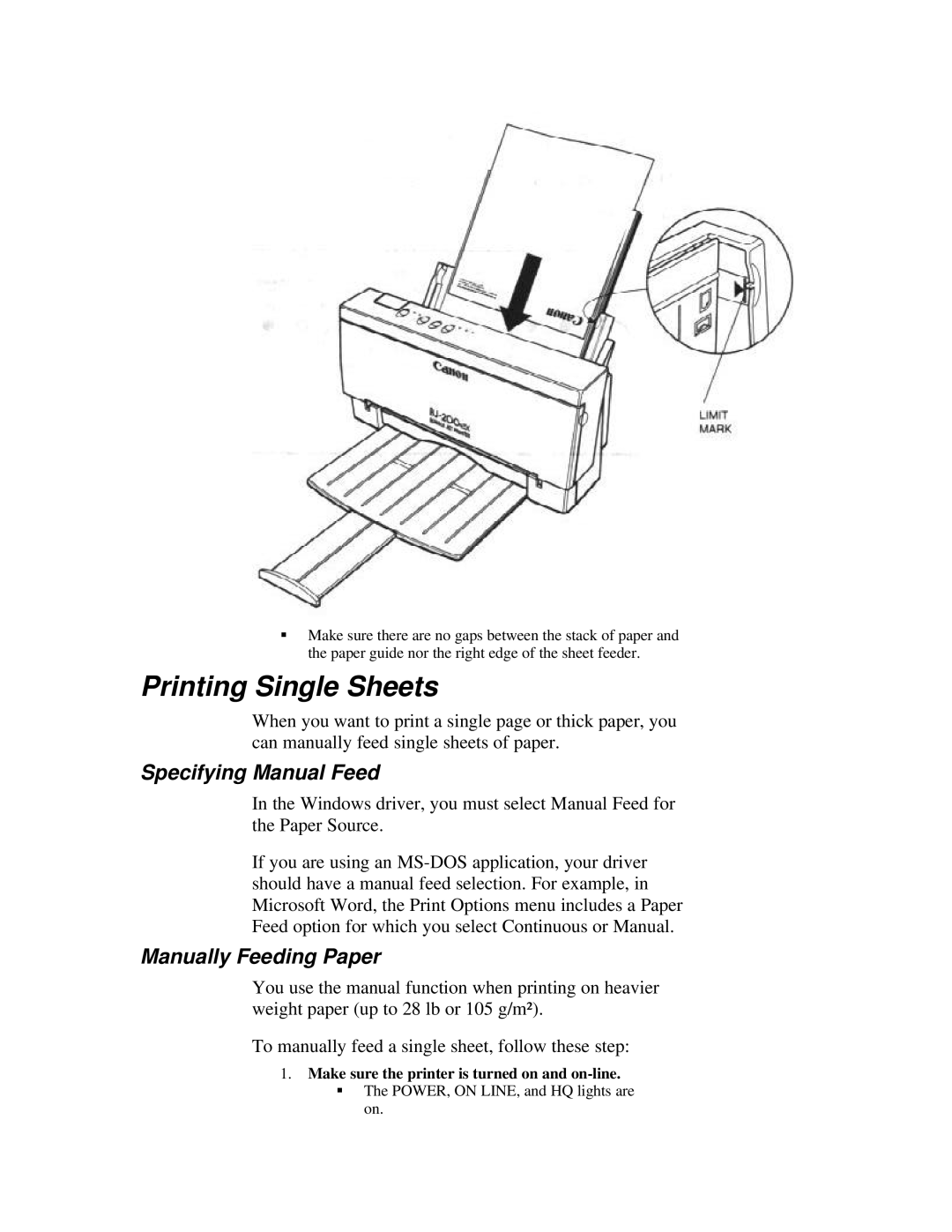 Canon BJ-200ex manual Printing Single Sheets, Specifying Manual Feed, Manually Feeding Paper 