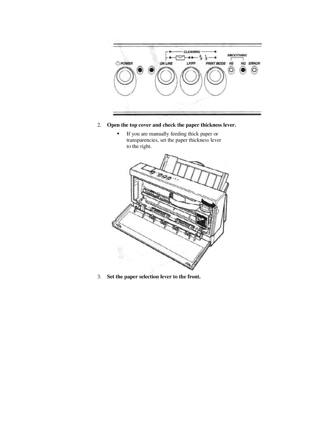 Canon BJ-200ex manual Open the top cover and check the paper thickness lever, Set the paper selection lever to the front 