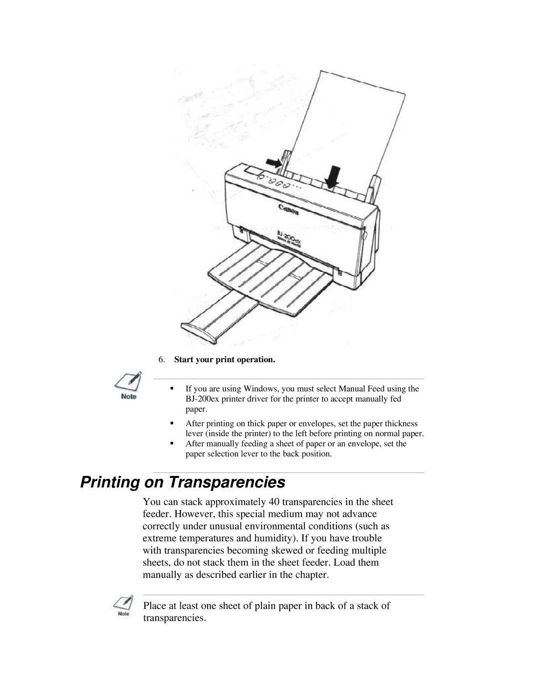 Canon BJ-200ex manual Printing on Transparencies, Start your print operation 