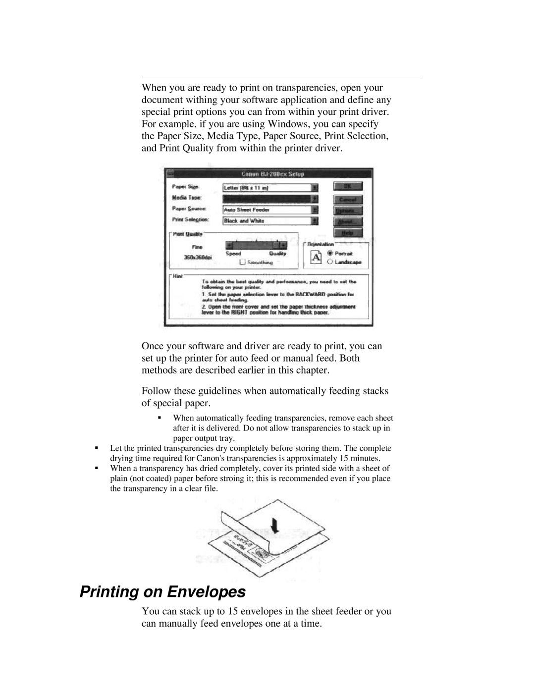 Canon BJ-200ex manual Printing on Envelopes 