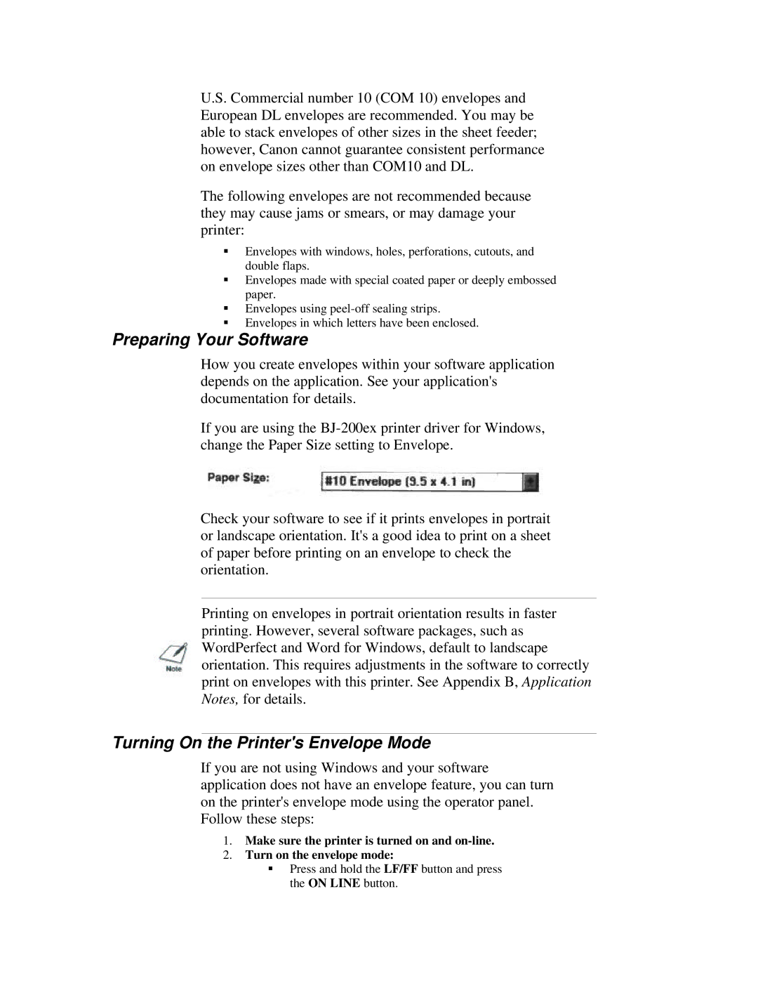 Canon BJ-200ex manual Preparing Your Software, Turning On the Printers Envelope Mode 