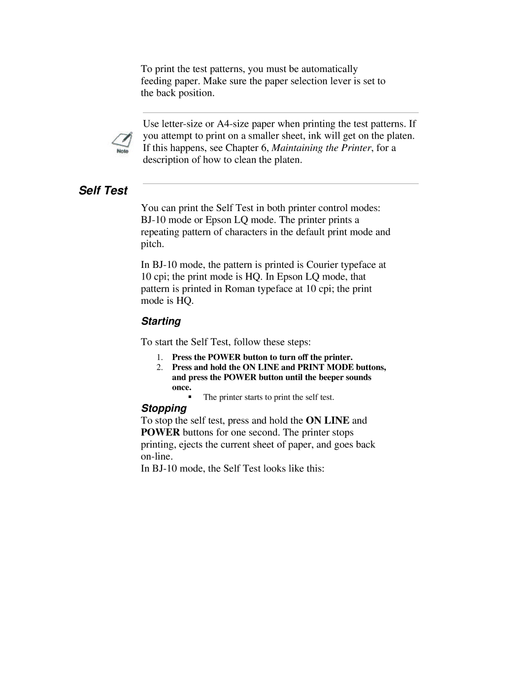 Canon BJ-200ex manual Starting, To start the Self Test, follow these steps, Stopping 