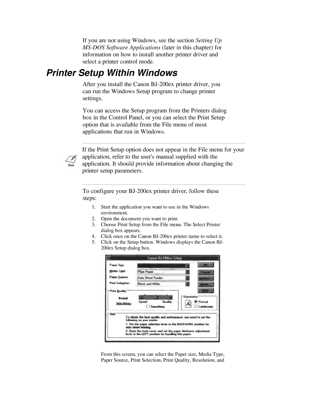 Canon BJ-200ex manual Printer Setup Within Windows 