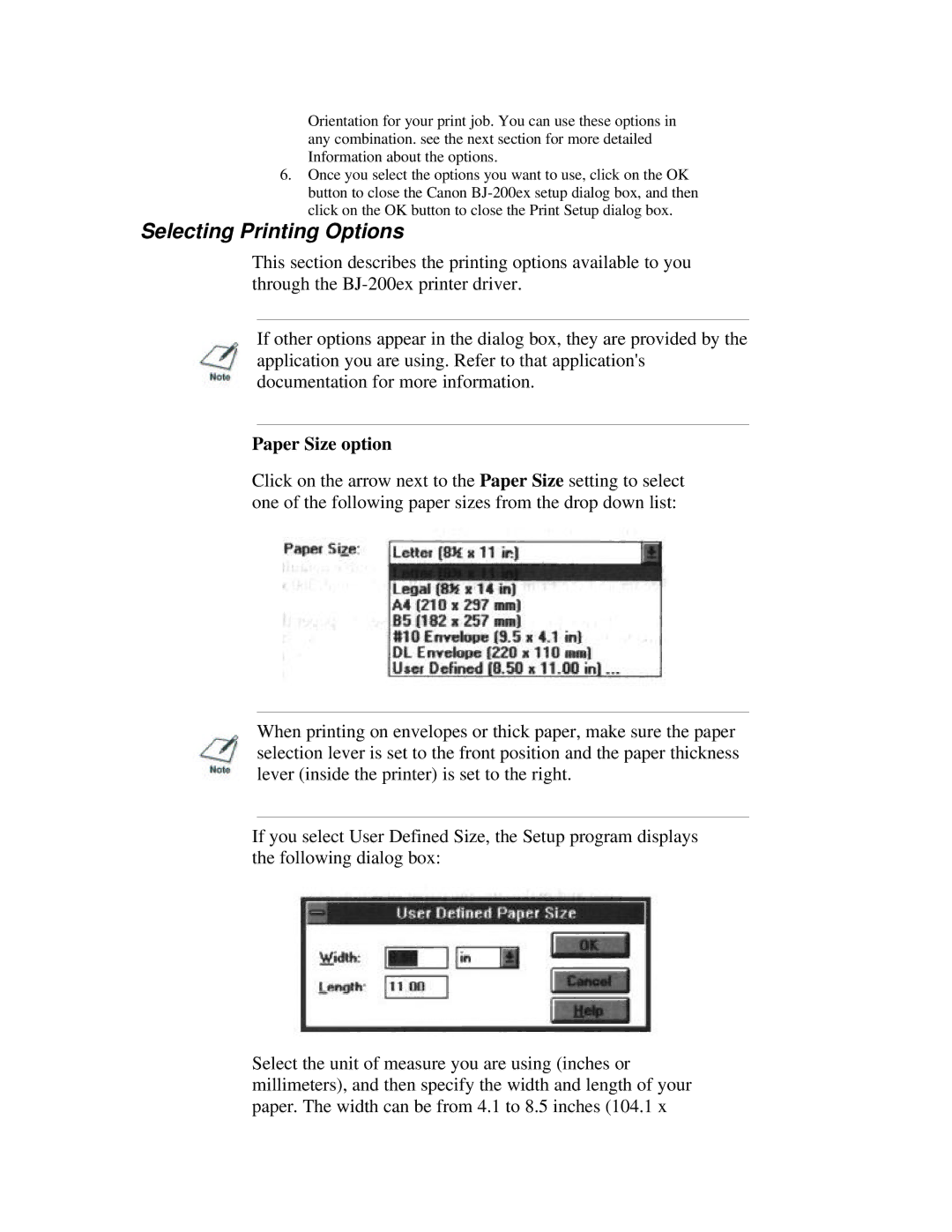 Canon BJ-200ex manual Selecting Printing Options, Paper Size option 