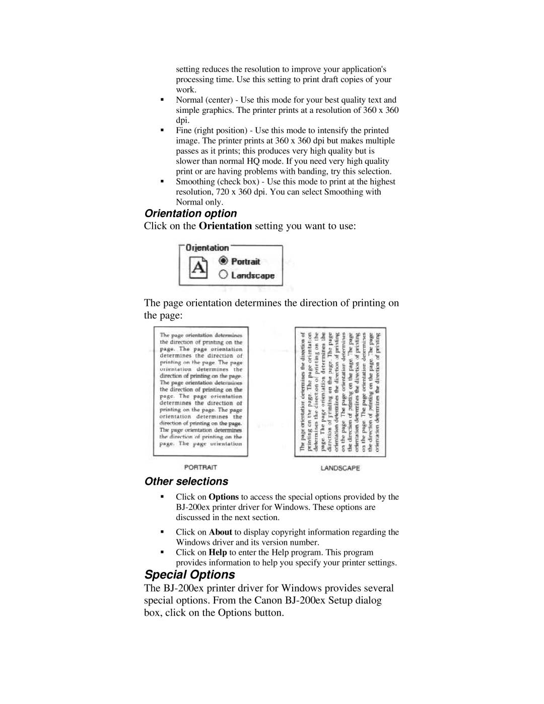 Canon BJ-200ex manual Special Options, Orientation option, Other selections 