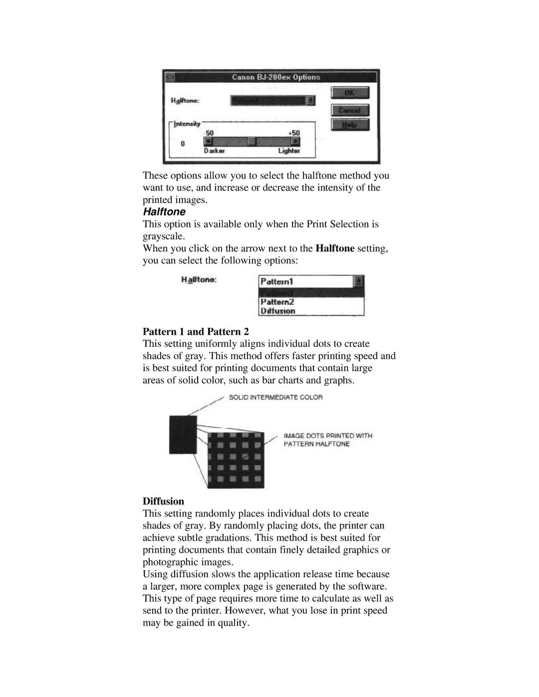 Canon BJ-200ex manual Halftone, Pattern 1 and Pattern, Diffusion 