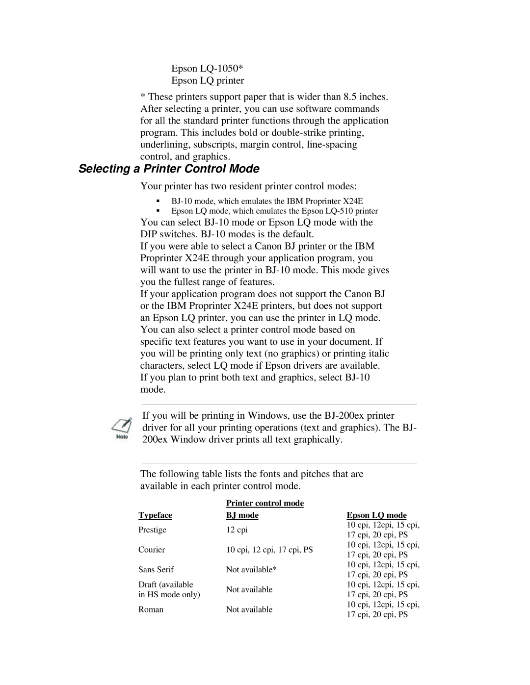 Canon BJ-200ex manual Selecting a Printer Control Mode, Your printer has two resident printer control modes 