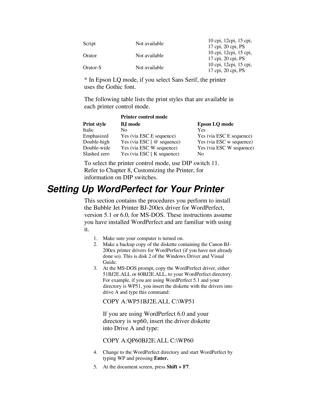 Canon BJ-200ex manual Setting Up WordPerfect for Your Printer, Printer control mode Print style BJ mode Epson LQ mode 