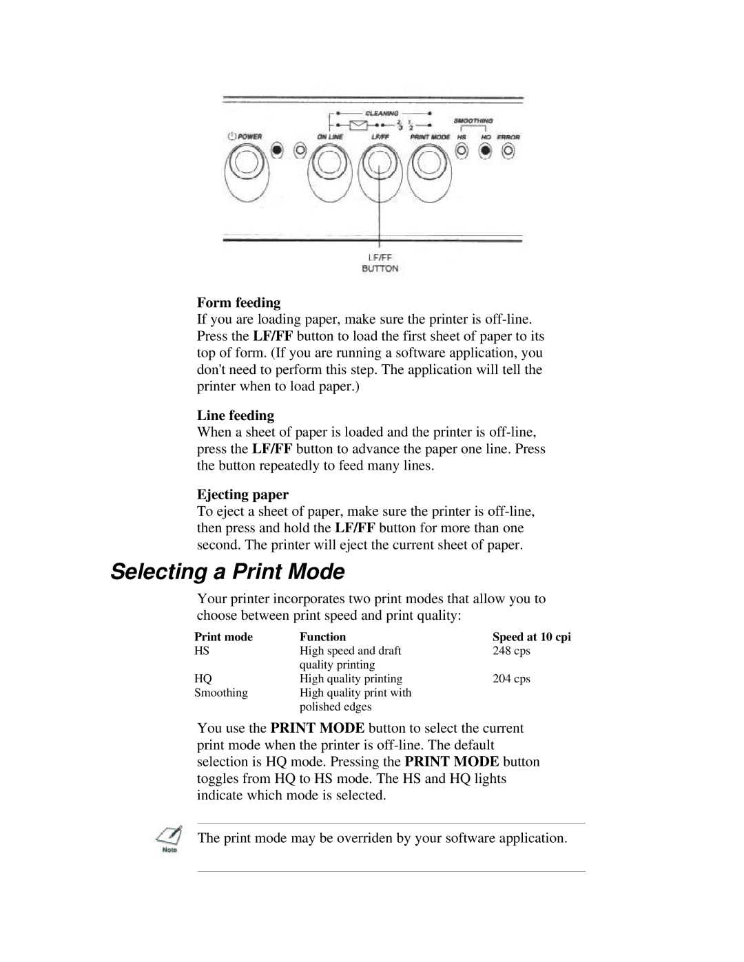 Canon BJ-200ex Selecting a Print Mode, Form feeding, Line feeding, Ejecting paper, Print mode Function Speed at 10 cpi 