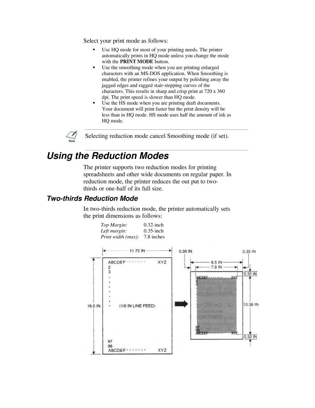 Canon BJ-200ex manual Using the Reduction Modes, Two-thirds Reduction Mode, Select your print mode as follows 