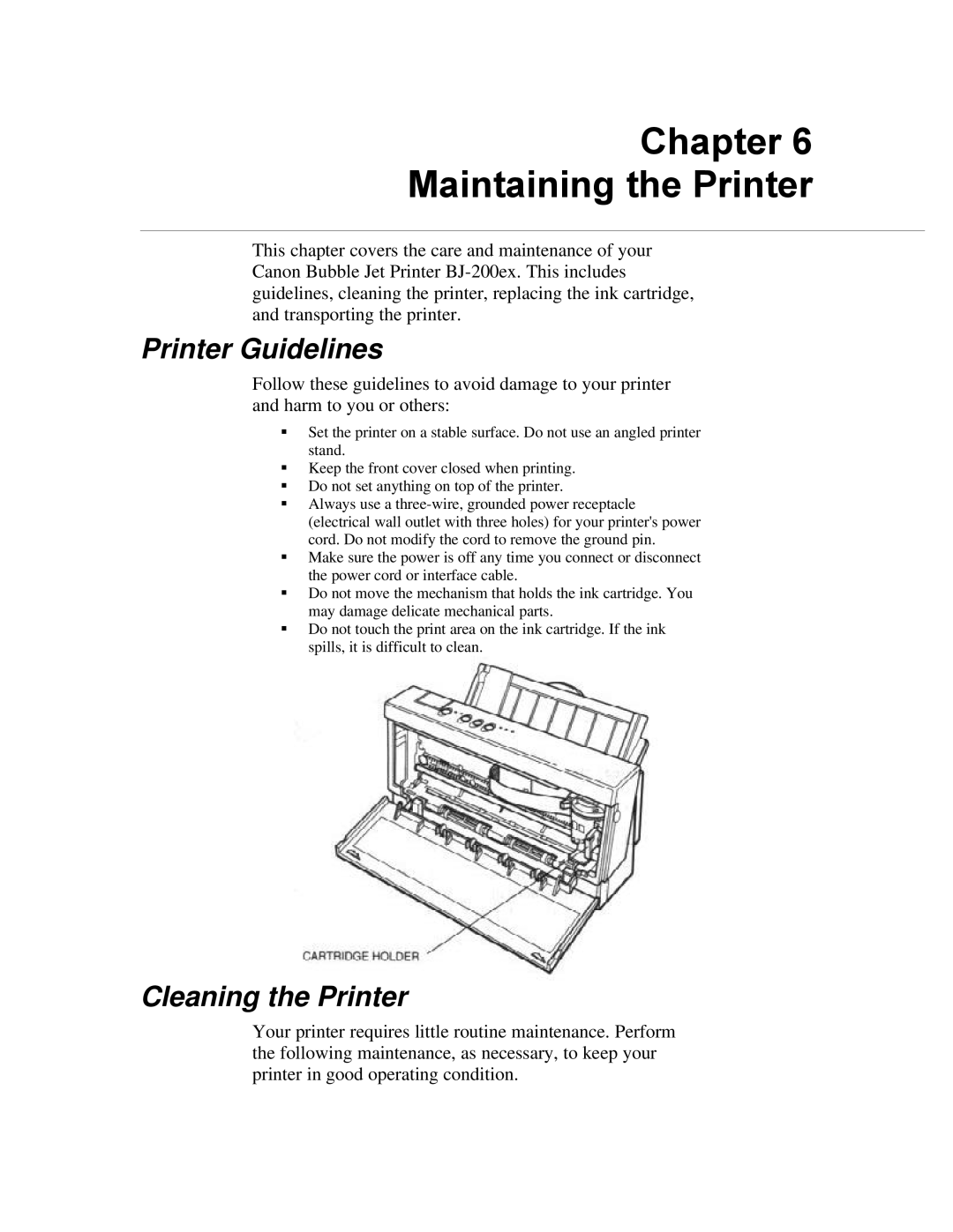 Canon BJ-200ex manual Chapter Maintaining the Printer, Printer Guidelines, Cleaning the Printer 