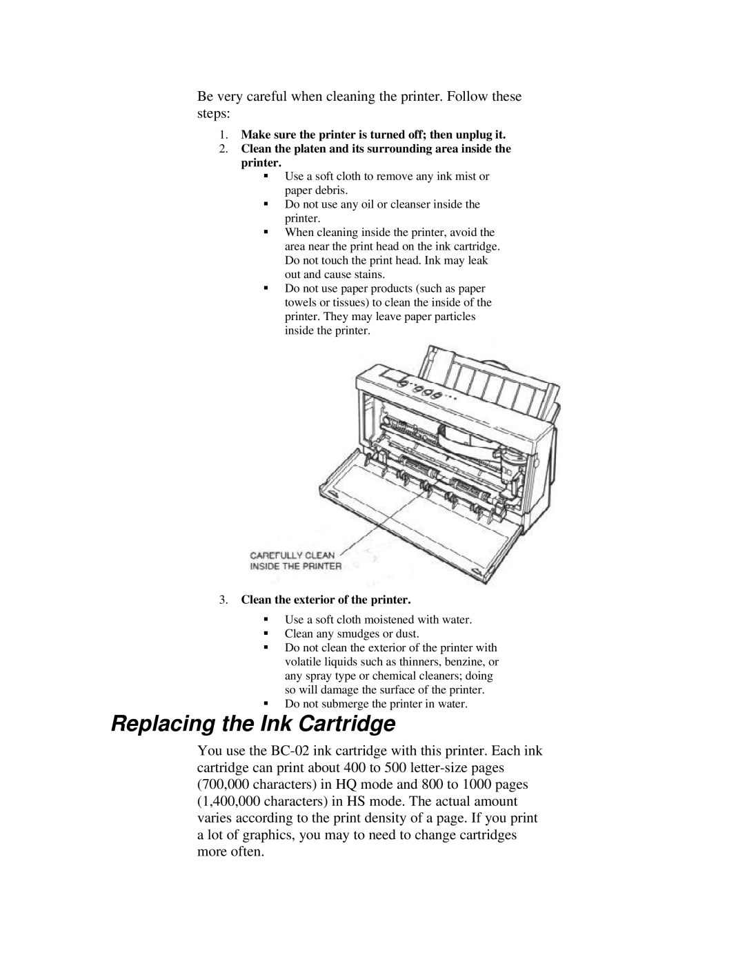 Canon BJ-200ex manual Replacing the Ink Cartridge, Clean the exterior of the printer 