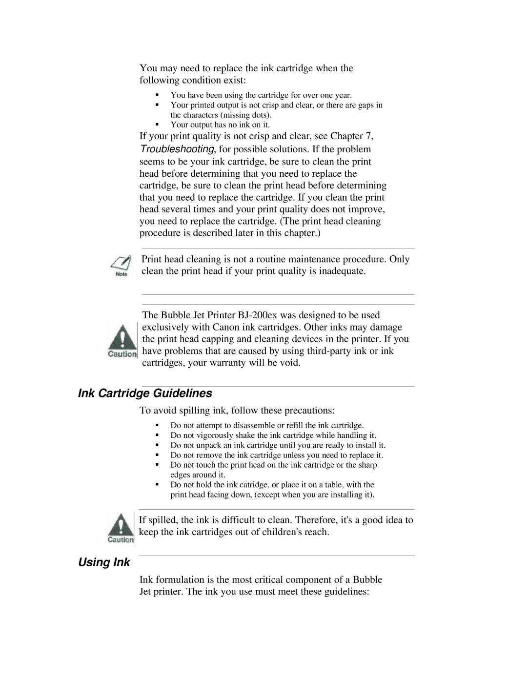 Canon BJ-200ex manual Ink Cartridge Guidelines, Using Ink, To avoid spilling ink, follow these precautions 