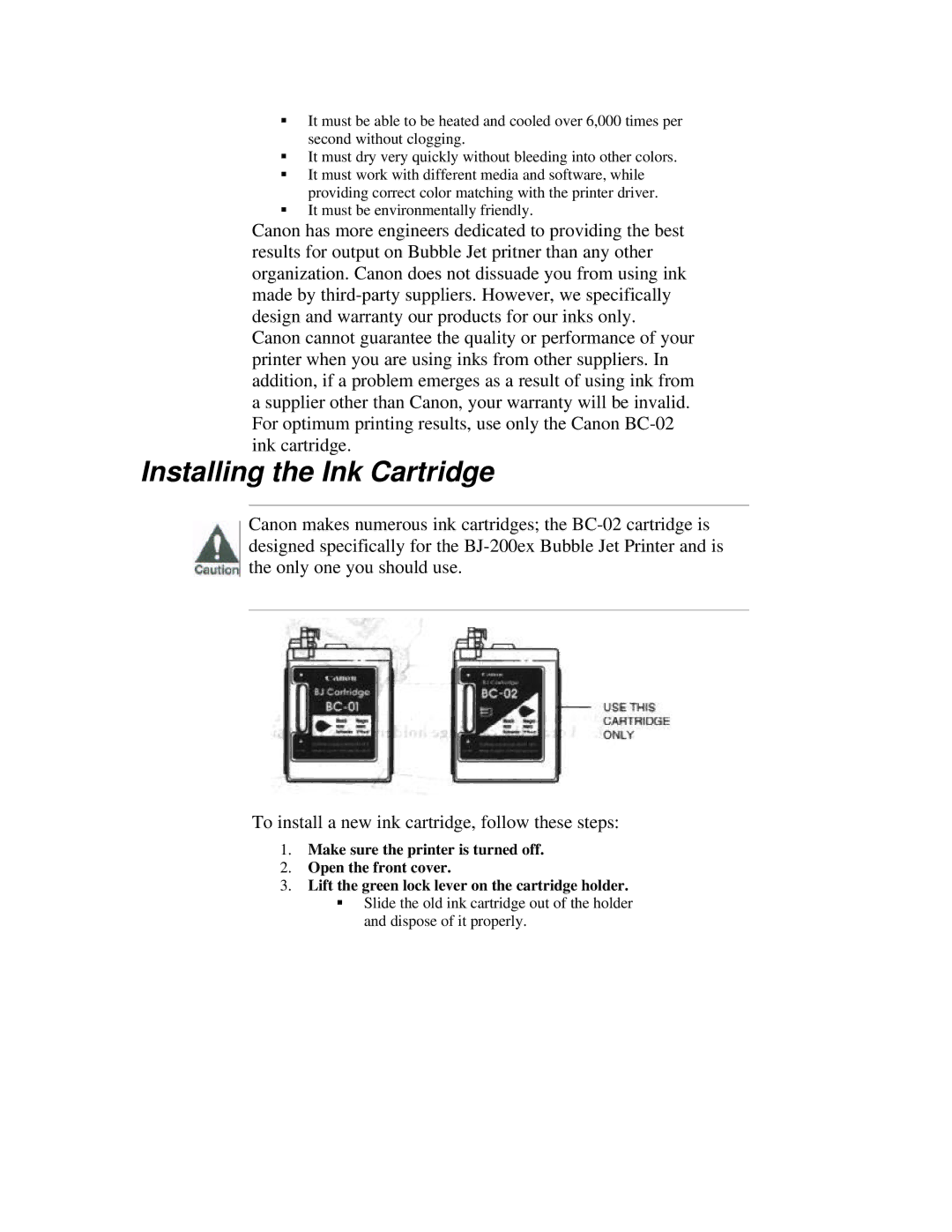 Canon BJ-200ex manual Installing the Ink Cartridge 