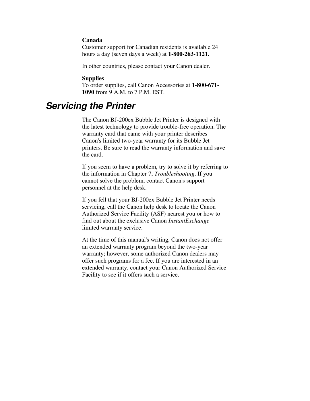 Canon BJ-200ex manual Servicing the Printer, Canada, Supplies 