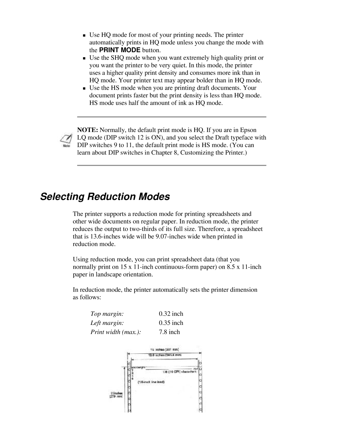 Canon BJ-230 user manual Selecting Reduction Modes, Top margin Inch Left margin Print width max 