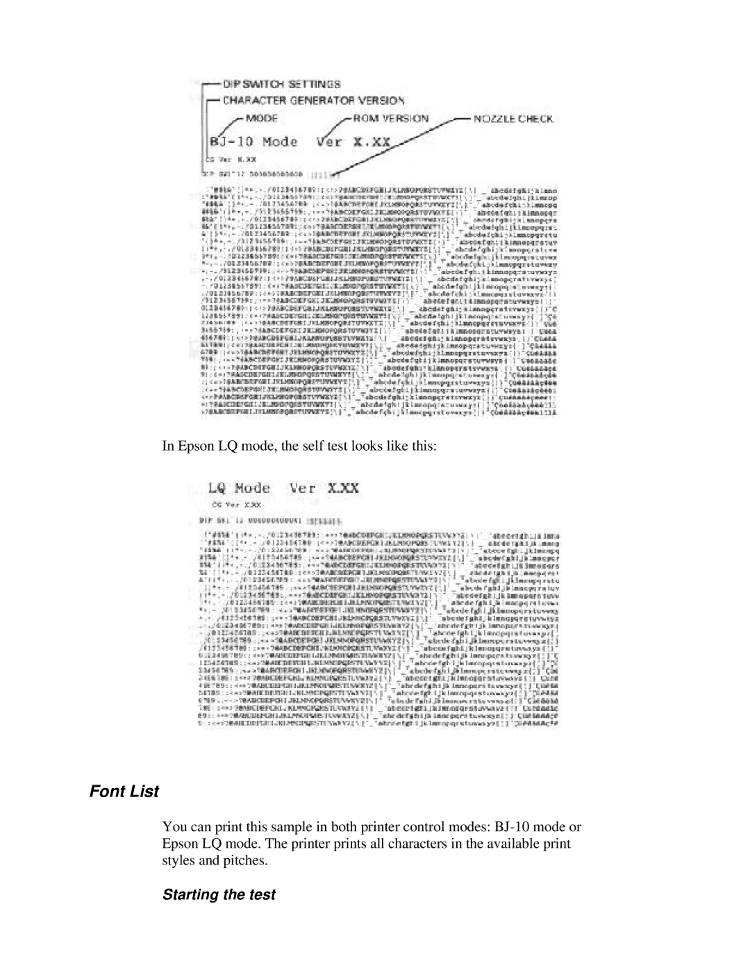 Canon BJ-230 user manual Font List, Starting the test 