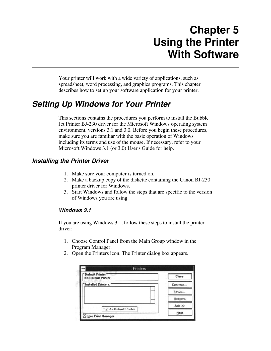 Canon BJ-230 Chapter Using the Printer With Software, Setting Up Windows for Your Printer, Installing the Printer Driver 