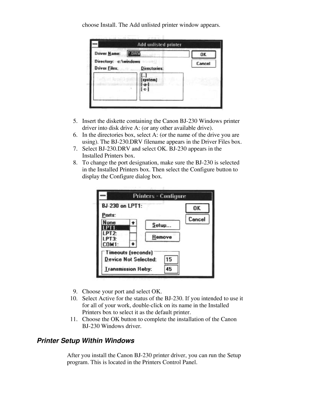 Canon BJ-230 user manual Printer Setup Within Windows 