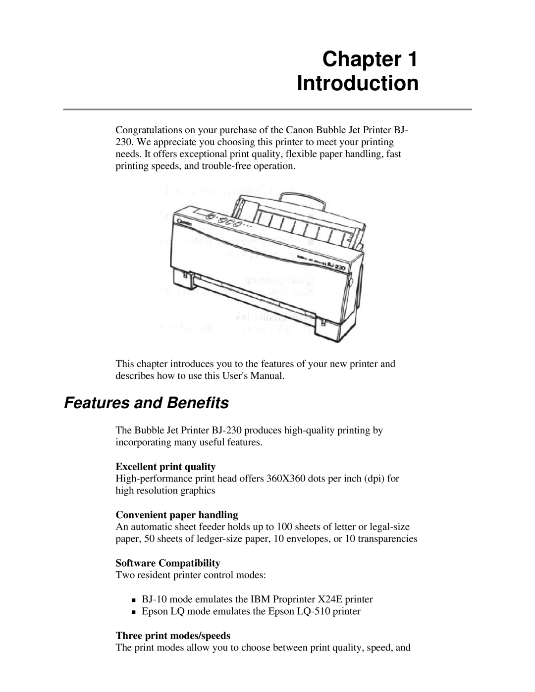 Canon BJ-230 user manual Chapter Introduction, Features and Benefits 