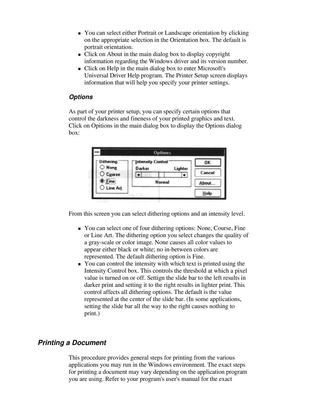 Canon BJ-230 user manual Printing a Document, Options 