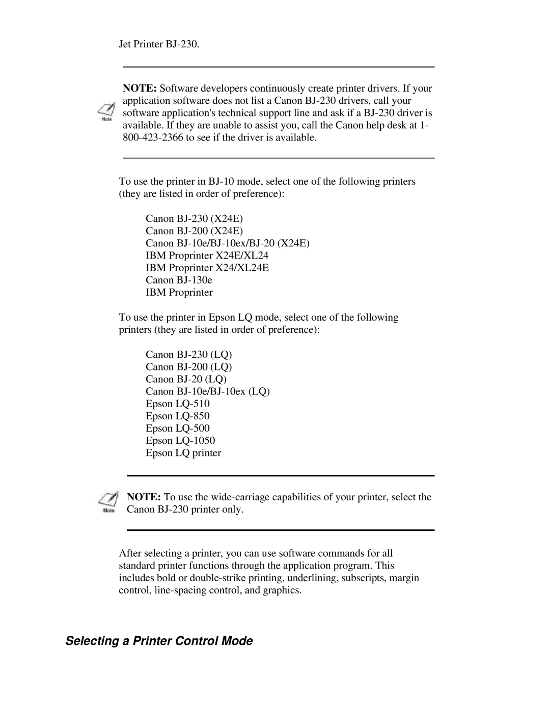 Canon BJ-230 user manual Selecting a Printer Control Mode 