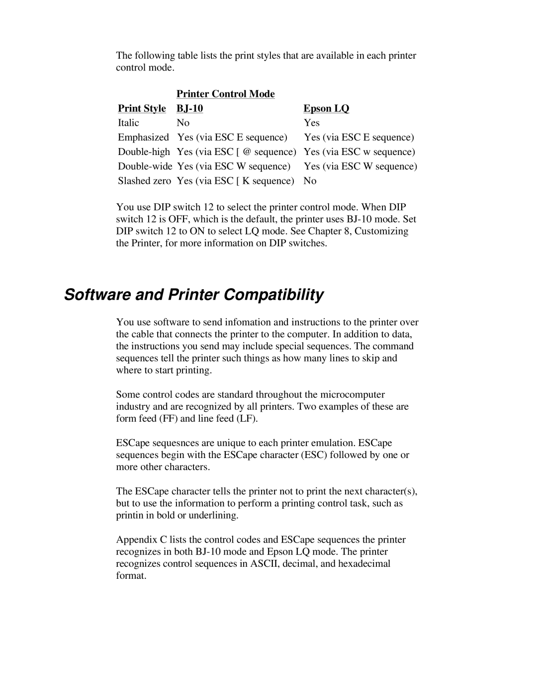 Canon BJ-230 user manual Software and Printer Compatibility, Printer Control Mode Print Style BJ-10 Epson LQ 