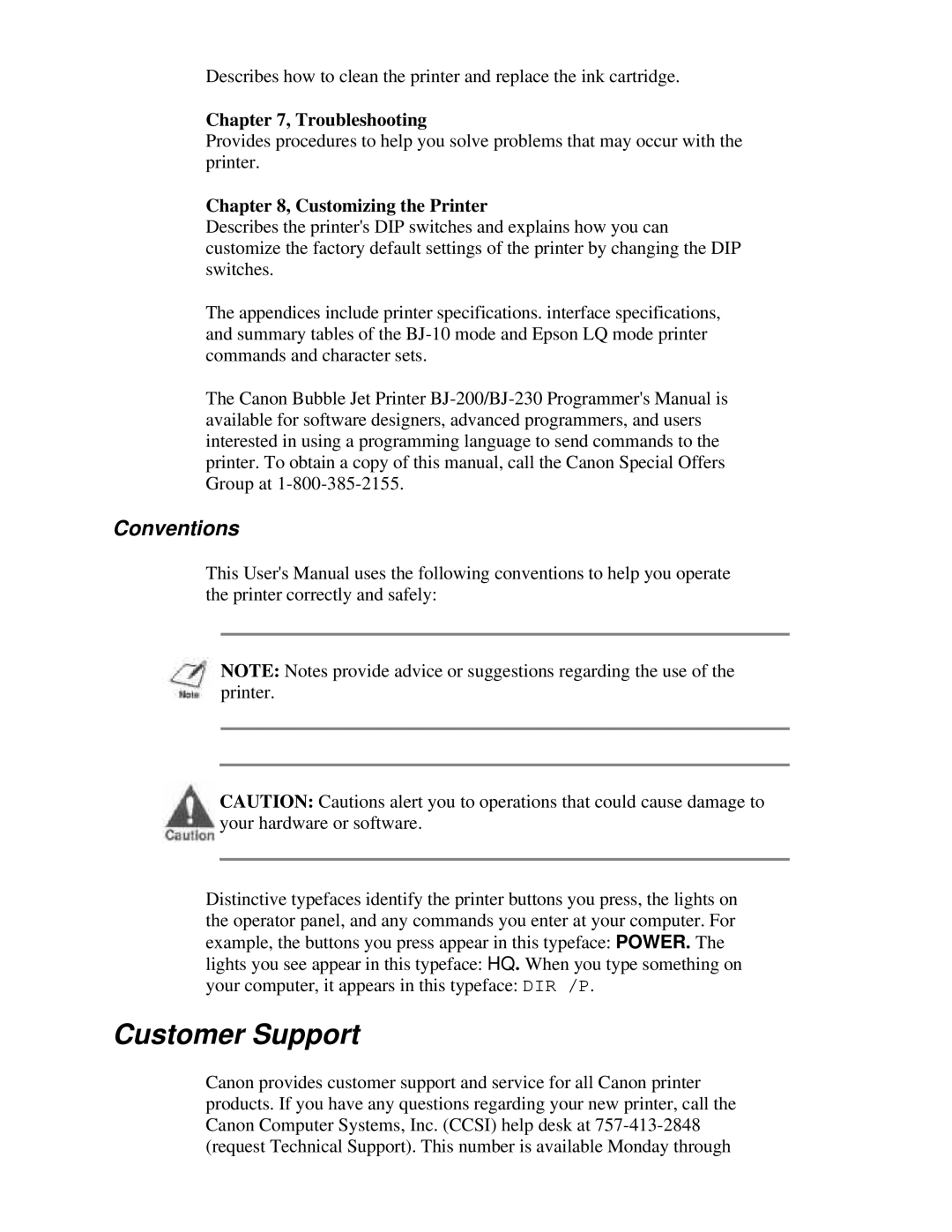 Canon BJ-230 user manual Customer Support, Conventions, Troubleshooting, Customizing the Printer 