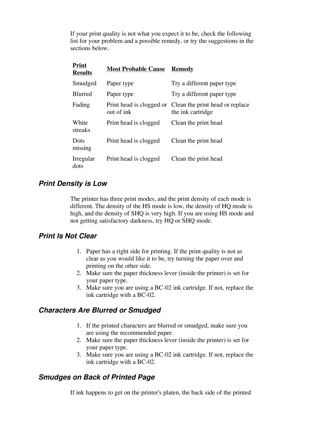 Canon BJ-230 Print Density is Low, Print Is Not Clear, Characters Are Blurred or Smudged, Smudges on Back of Printed 