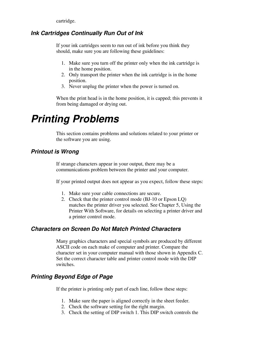 Canon BJ-230 user manual Ink Cartridges Continually Run Out of Ink, Printout is Wrong, Printing Beyond Edge 