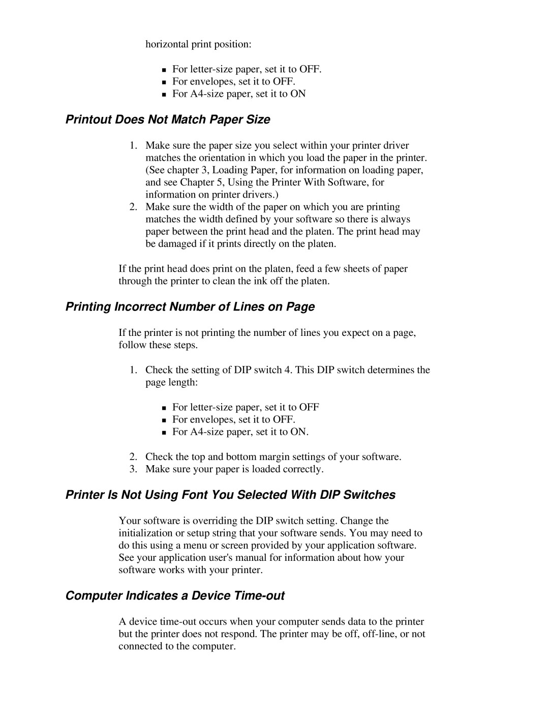 Canon BJ-230 user manual Printout Does Not Match Paper Size, Printing Incorrect Number of Lines on 